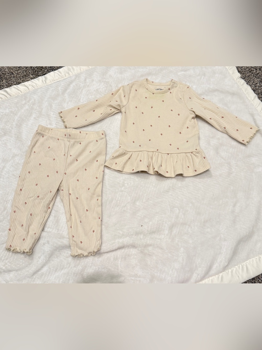 Carter's Cream Ribbed Floral Ruffle Pajama Set